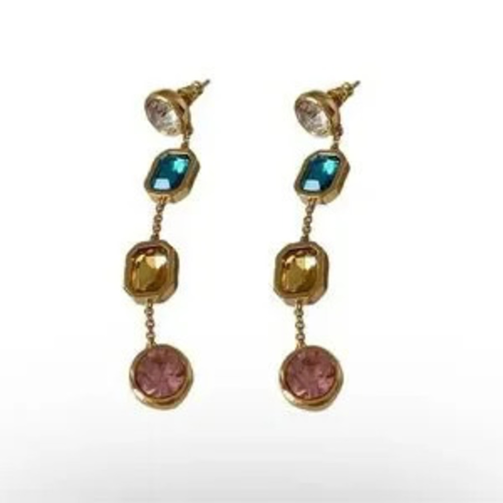 Retro Multicolored Crystal Long Dangle Earring - Picture 5 of 5